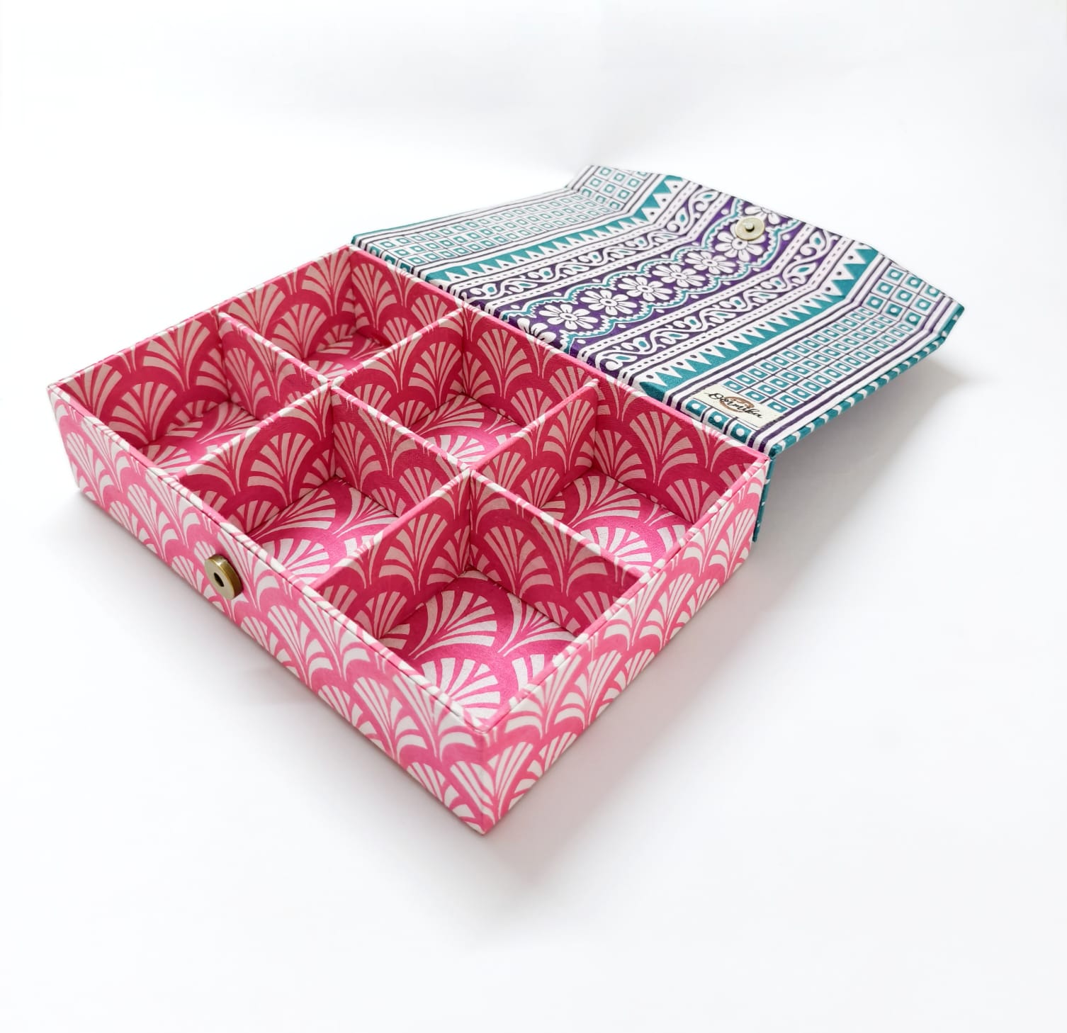 Rectangle 6 slot jewellery organizer - Pink Jaipur Block Print