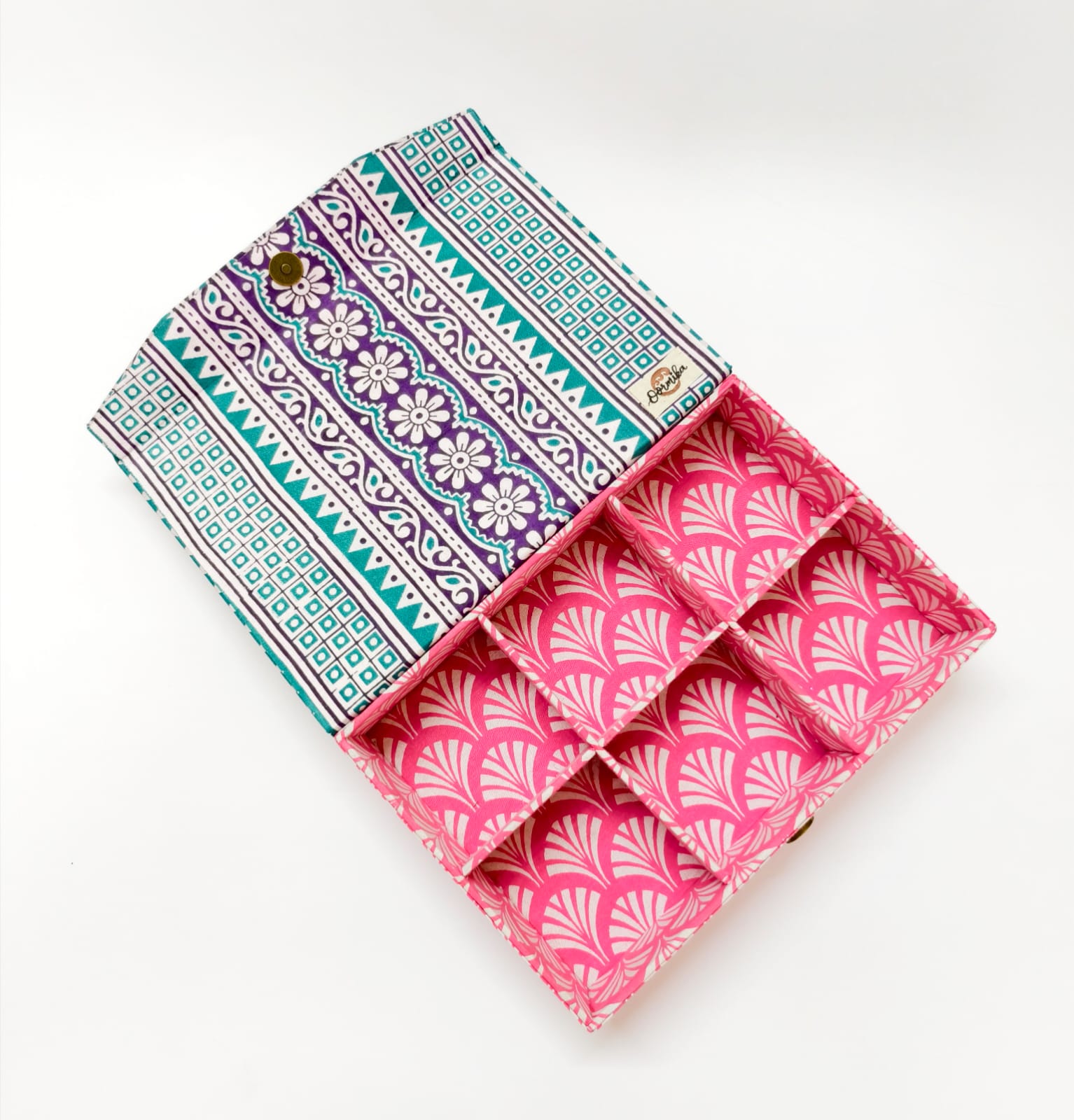 Rectangle 6 slot jewellery organizer - Pink Jaipur Block Print