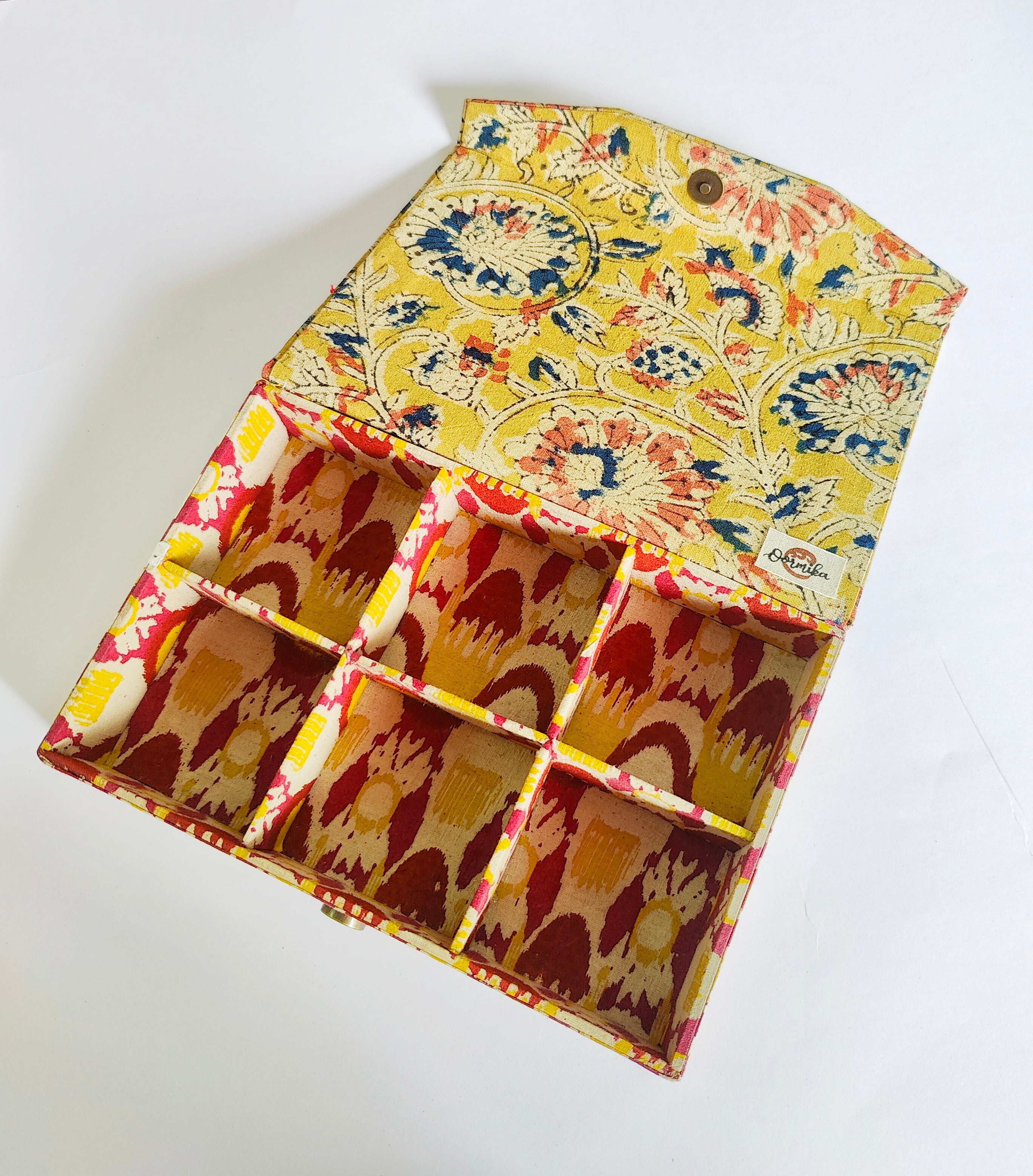 Rectangle 6 slot jewellery organizer - Yellow Kalamkari