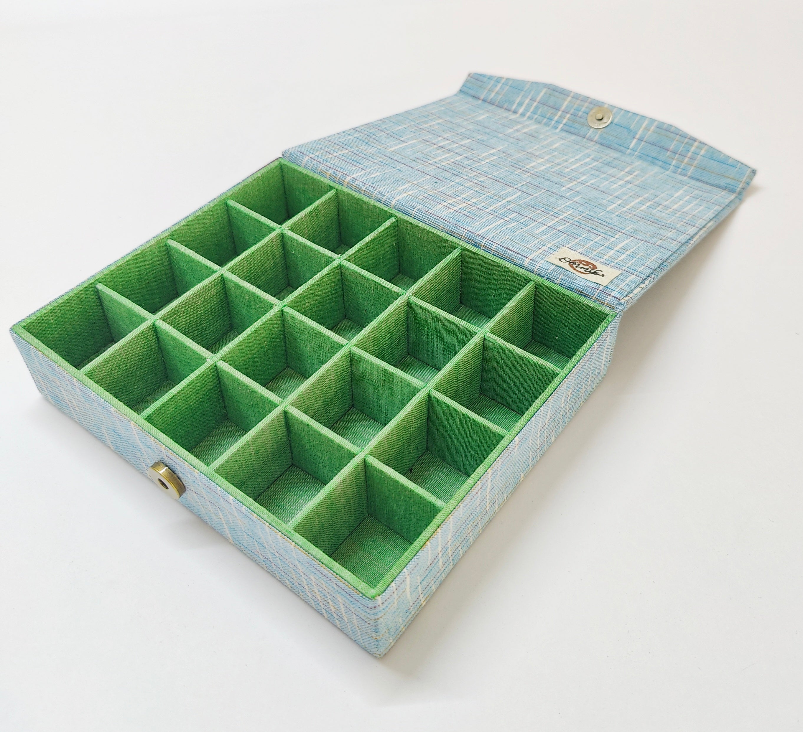 Small 20 slot ring - travel jewellery organizer - Blue Ikkat